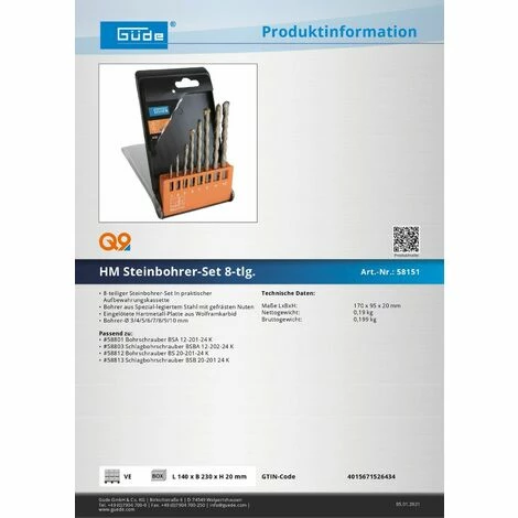 Güde Steinbohrer Betonbohrer Bohrersatz Bohrer Set 8-tlg. Ø 3/4/5/6/7/8/9/10 Mm – Bild 2