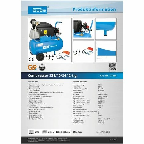 Güde Kompressor Kolbenkompressor 24l 10 Bar Druckluftkompressor 230V 12-tlg. – Bild 5