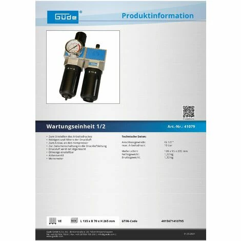 Güde Wartungseinheit 1/2 Zoll Mit Filter Druckminderer Nebelöler Manometer 4 Güde Wartungseinheit 1/2 Zoll Mit Filter Druckminderer Nebelöler Manometer – Bild 2