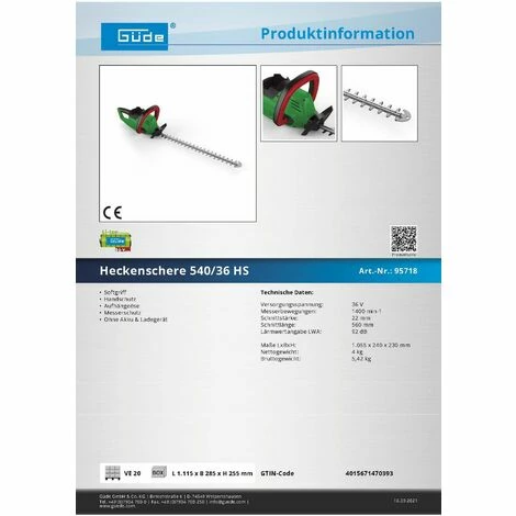 Güde Akku Heckenschere 540/36 HS Akkuheckenschere Strauchschere Gartenschere – Bild 4
