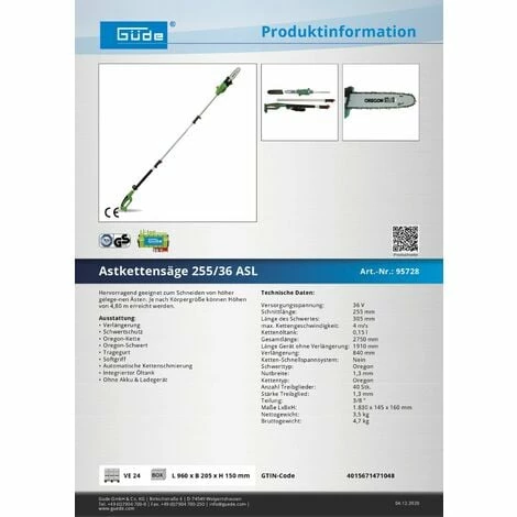 Güde Akku Astsäge Astkettensäge Hochentaster Akku-Ast-Kettensäge 255/36 ASL Güde Akku Astsäge Astkettensäge Hochentaster Akku-Ast-Kettensäge 255/36 ASL -GüDE Geschäft 12204928 4