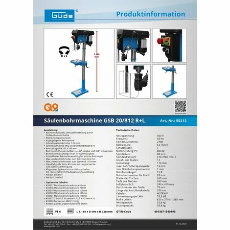 Güde Säulenbohrmaschine Bohrmaschine Ständerbohrmaschine GSB 20/812 R+L Güde Säulenbohrmaschine Bohrmaschine Ständerbohrmaschine GSB 20/812 R+L -GüDE Geschäft 12205995 3