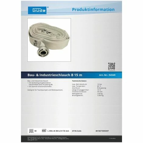 Güde Bau- Und Industrieschlauch 15m B-Kupplung Pumpenschlauch Wasserschlauch 4 Güde Bau- Und Industrieschlauch 15m B-Kupplung Pumpenschlauch Wasserschlauch – Bild 2