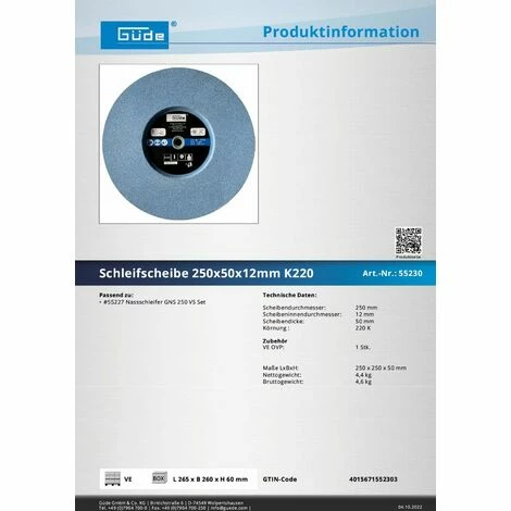 Güde Schleifscheibe Schleifpapier K 220 250x50x12mm Güde Schleifscheibe Schleifpapier K 220 250x50x12mm -GüDE Geschäft 71441166 2